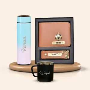 Personalised Pastel Temperature Display Bottle, Stainless Steel Mug & All in One Men's Combo (2 pcs) - Tan