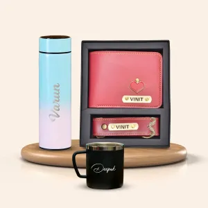Personalised Pastel Temperature Display Bottle, Stainless Steel Mug & All in One Men's Combo (2 pcs) - Wine