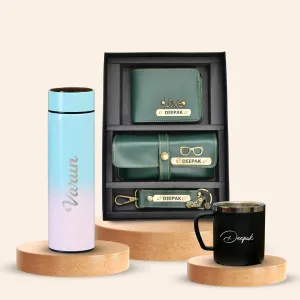 Personalised Pastel Temperature Display Bottle, Stainless Steel Mug & All in One Men's Combo (3 pcs) - Olive Green