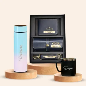 Personalised Pastel Temperature Display Bottle, Stainless Steel Mug & All in One Men's Combo (3 pcs) - Royal Blue