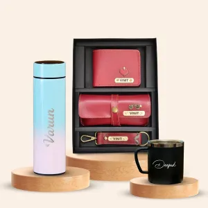 Personalised Pastel Temperature Display Bottle, Stainless Steel Mug & All in One Men's Combo (3 pcs) - Wine