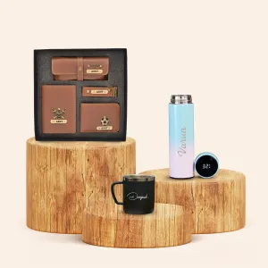 Personalised Pastel Temperature Display Bottle, Stainless Steel Mug & All in One Men's Combo (4 pcs) - Tan