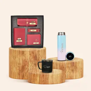Personalised Pastel Temperature Display Bottle, Stainless Steel Mug & All in One Men's Combo (4 pcs) - Wine