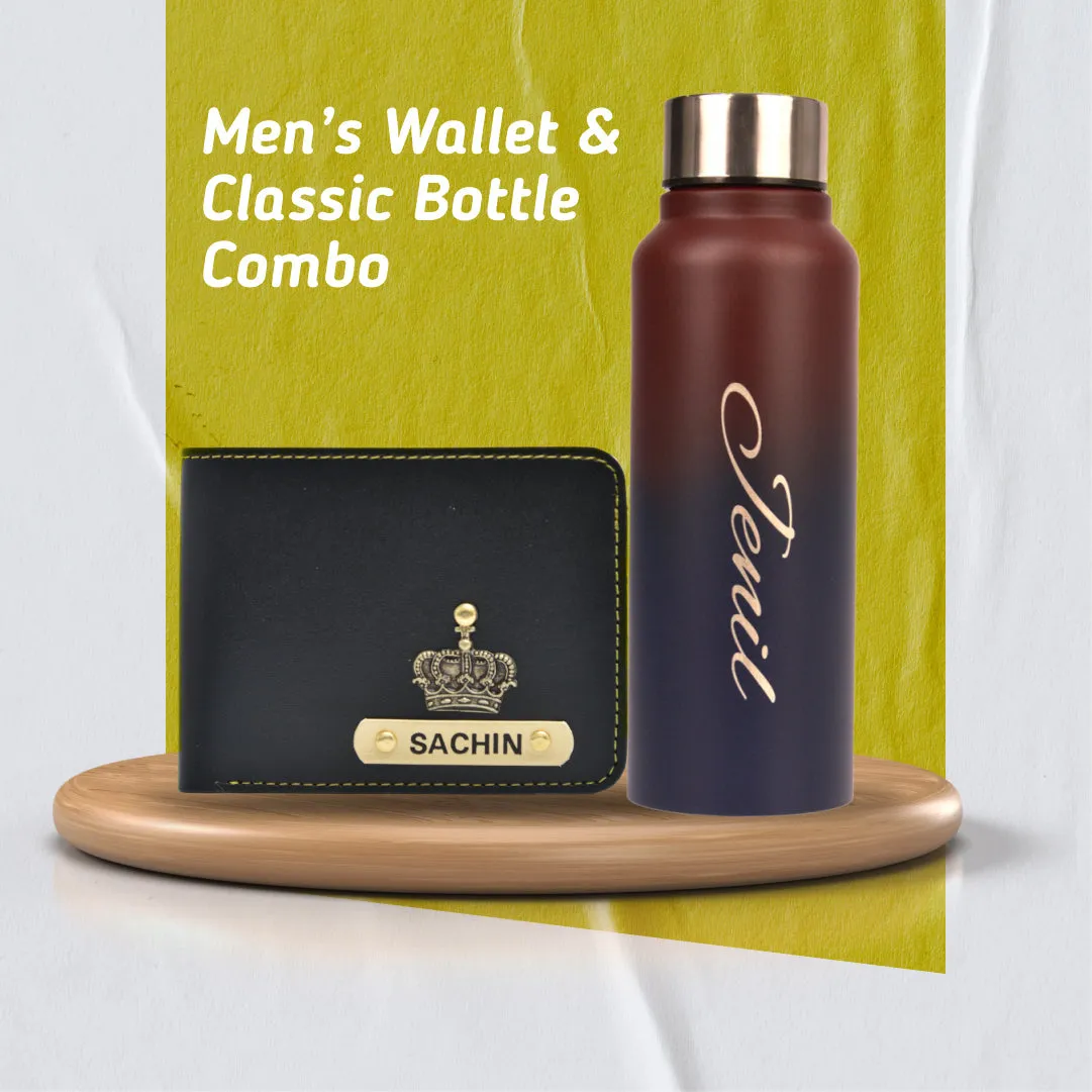 Personalized Men's Combo Wallet & Multicolor Bottle - Black