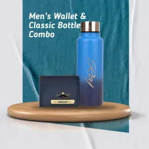 Personalized Men's Combo Wallet & Multicolor Bottle - Blue