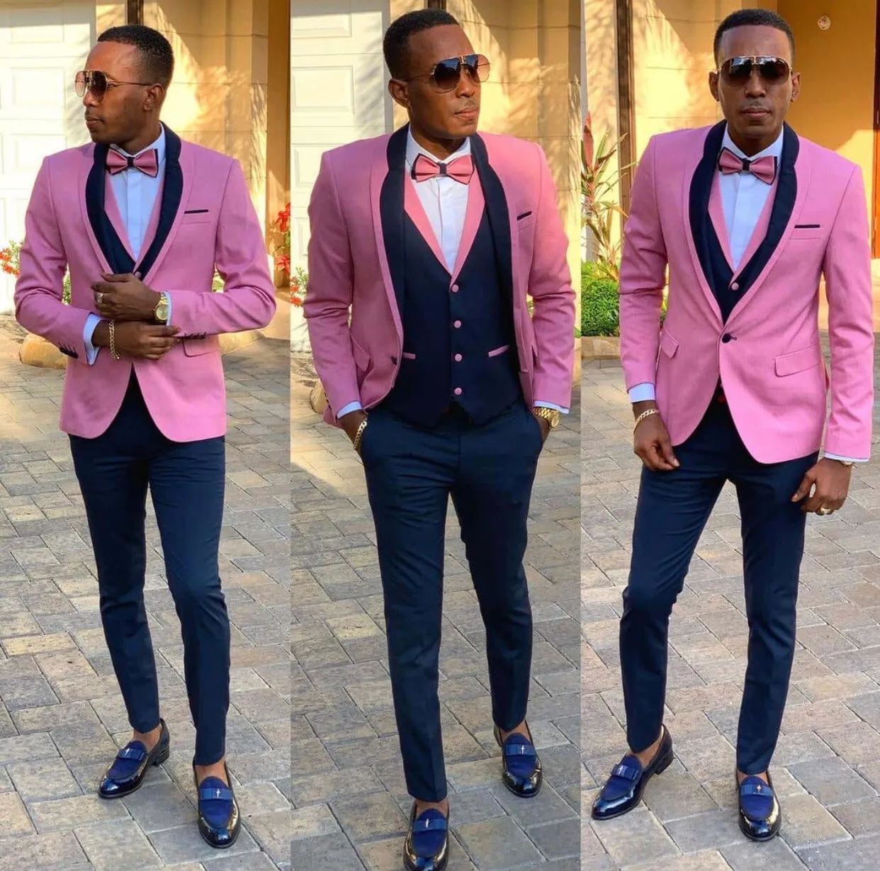 Pink Shawl Lapel Three Pieces Slim Fit Men Suits