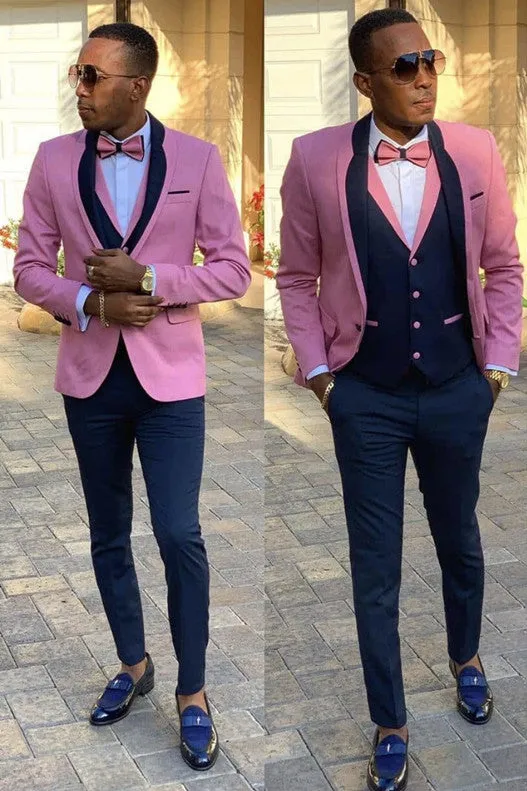 Pink Shawl Lapel Three Pieces Slim Fit Men Suits
