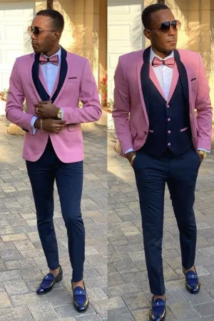 Pink Shawl Lapel Three Pieces Slim Fit Men Suits