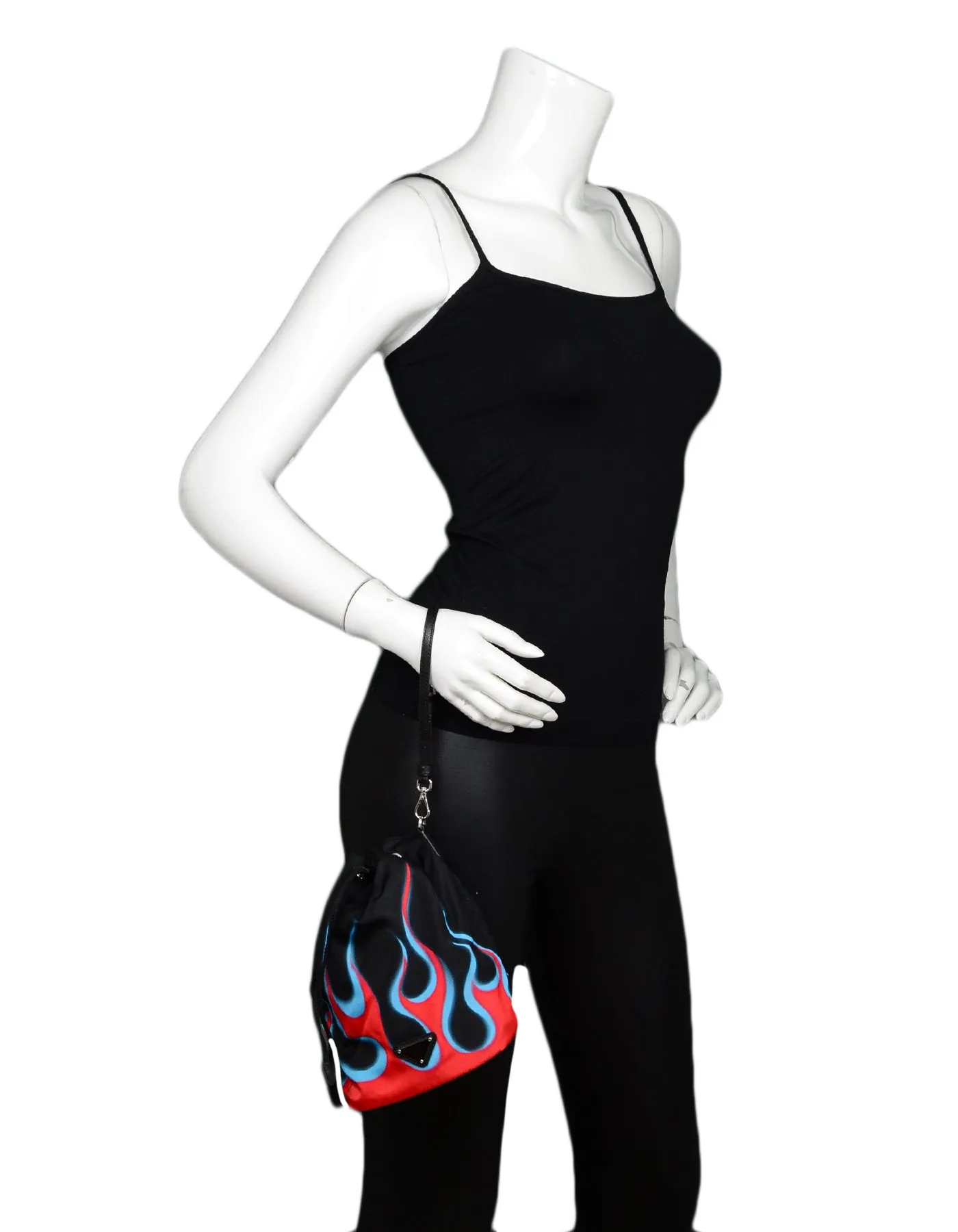 Prada 2019 Black Nylon Flame Print Wristlet Bucket Pouch Bag