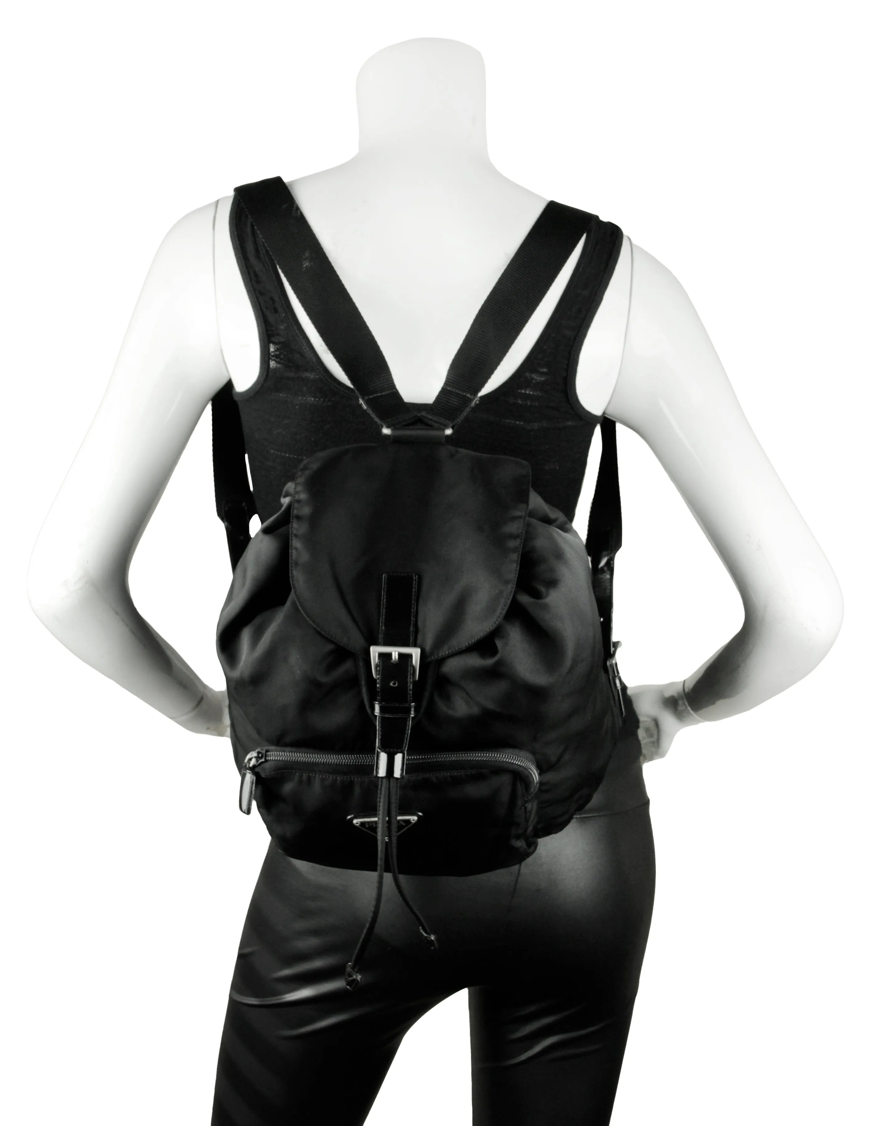 Prada Black Nylon Backpack Bag with Front Zipper Pocket