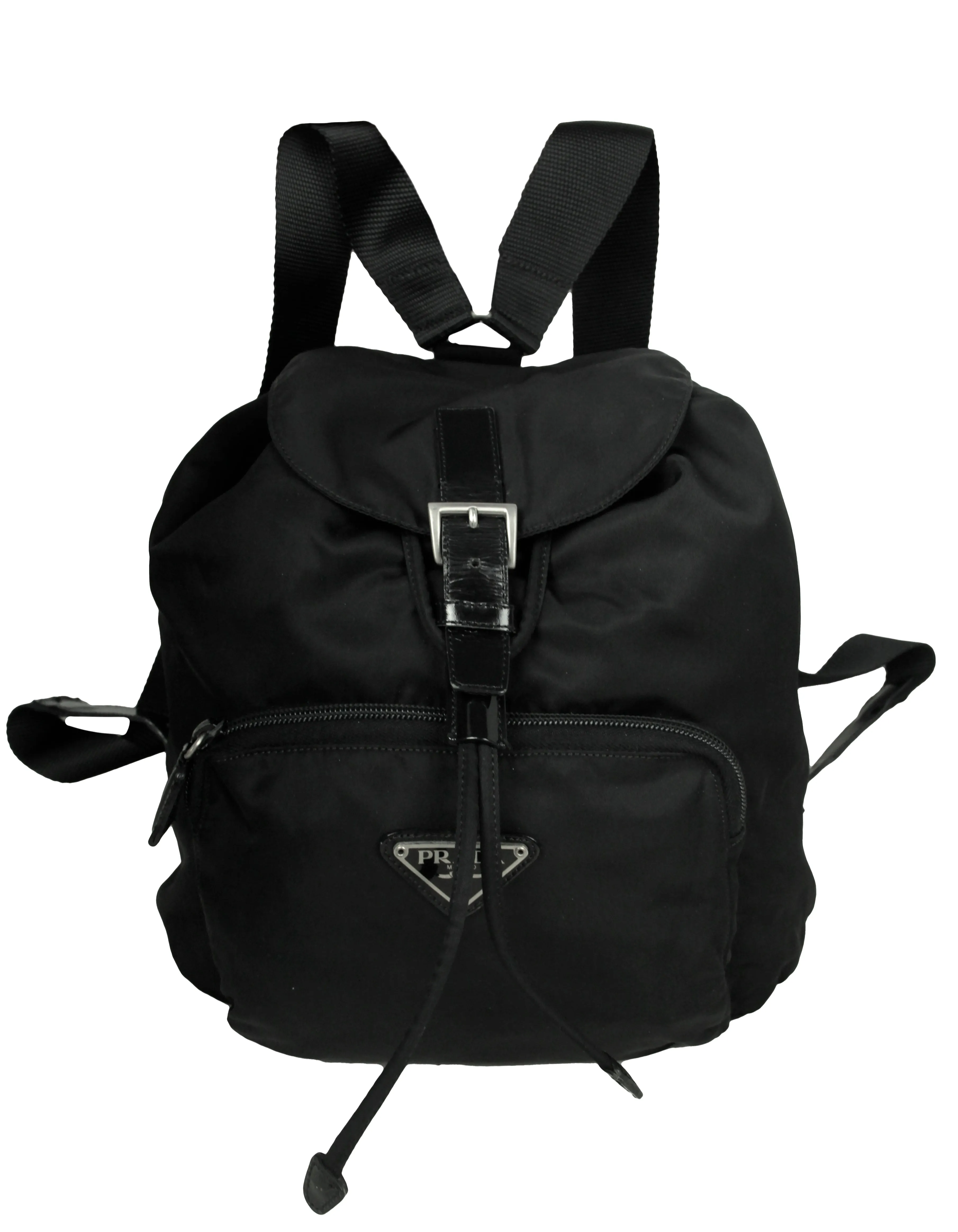 Prada Black Nylon Backpack Bag with Front Zipper Pocket