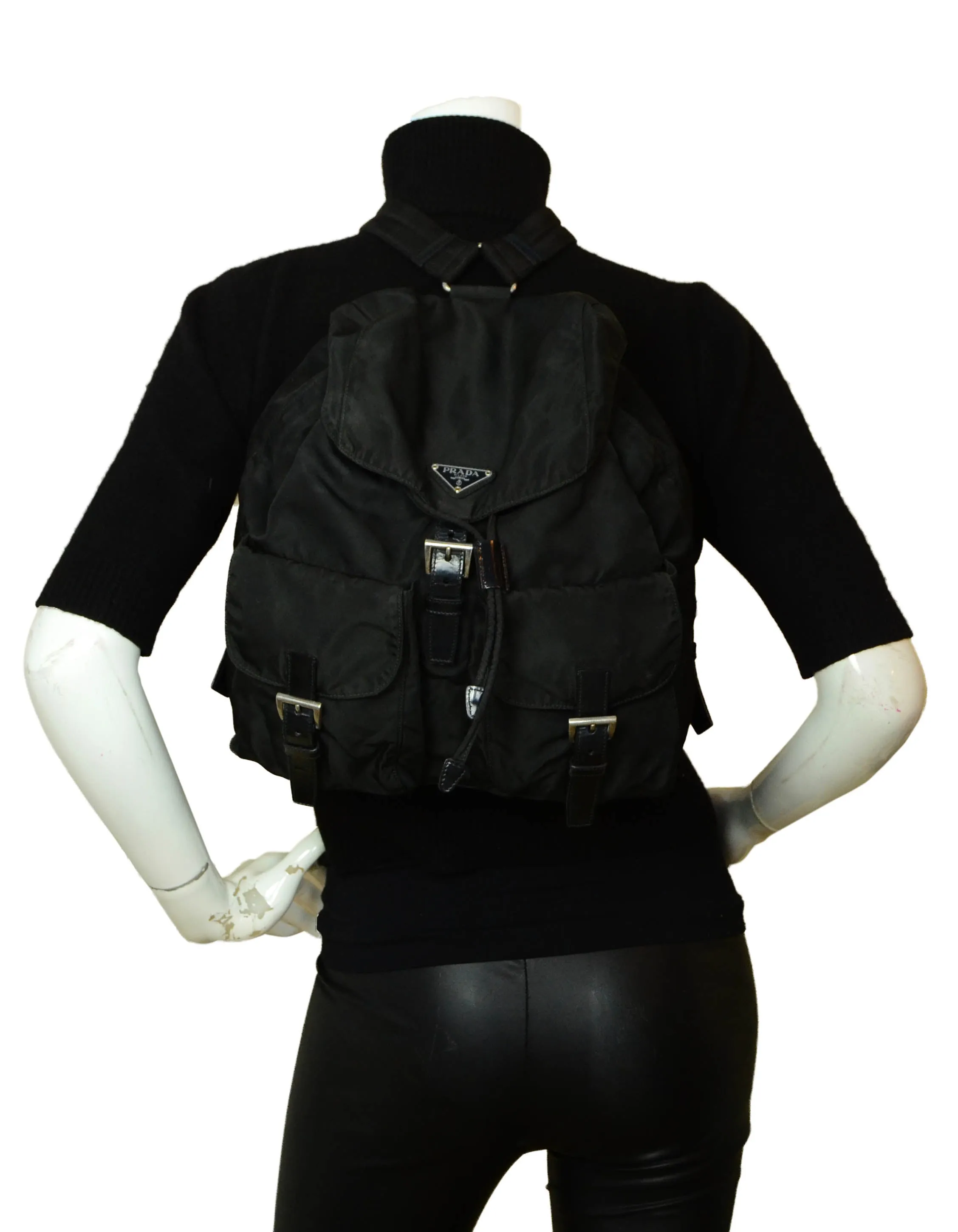 Prada Black Nylon Double Buckle Backpack Bag