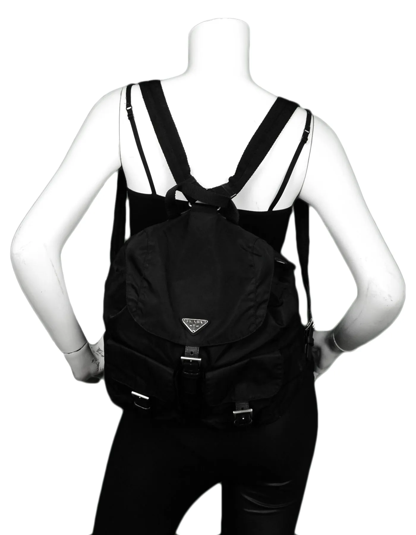 Prada Black Nylon Double Buckle Backpack Bag