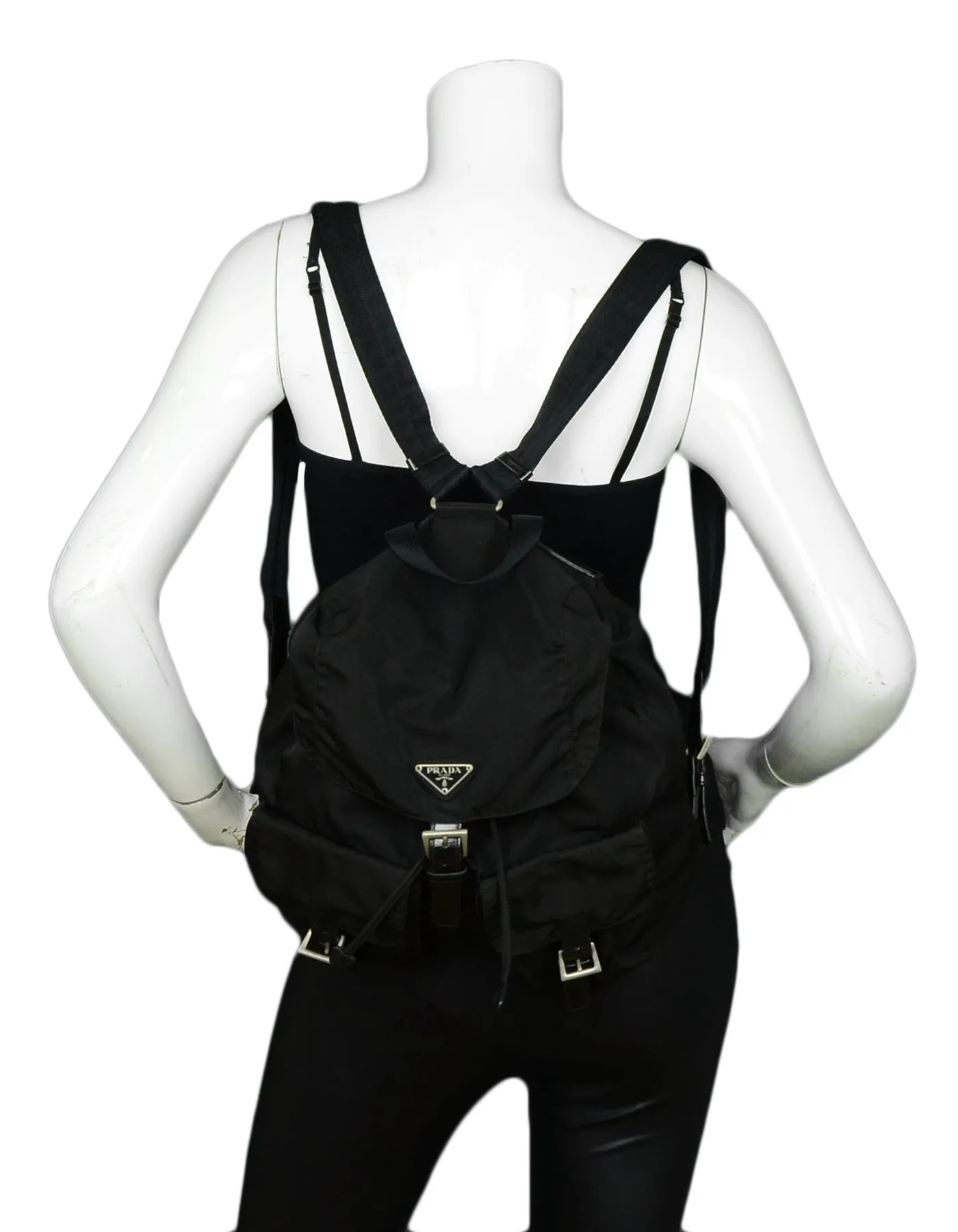 Prada Black Nylon Double Buckle Pocket Backpack Bag