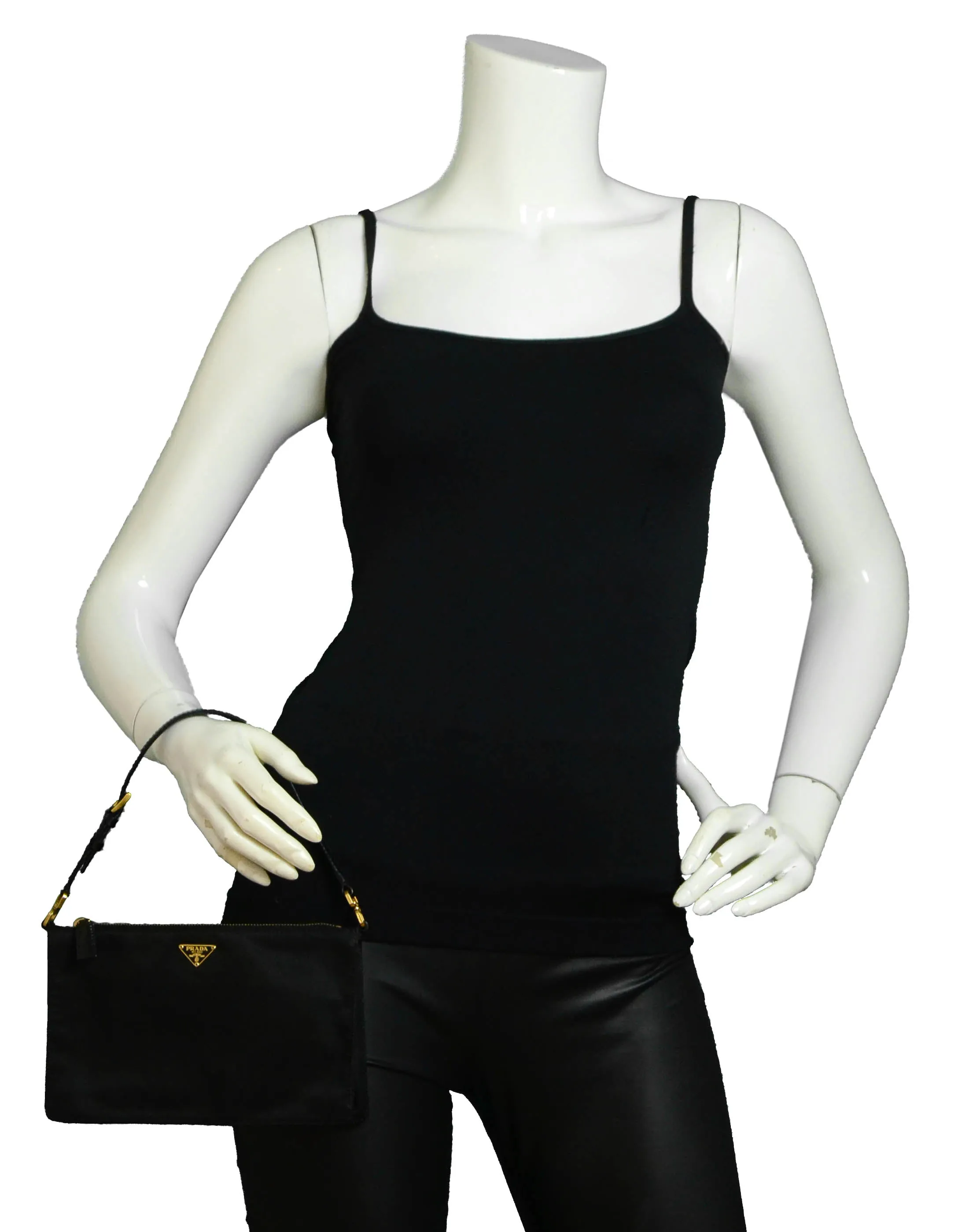 Prada Black/Goldtone Nylon Zip Top Pochette Bag