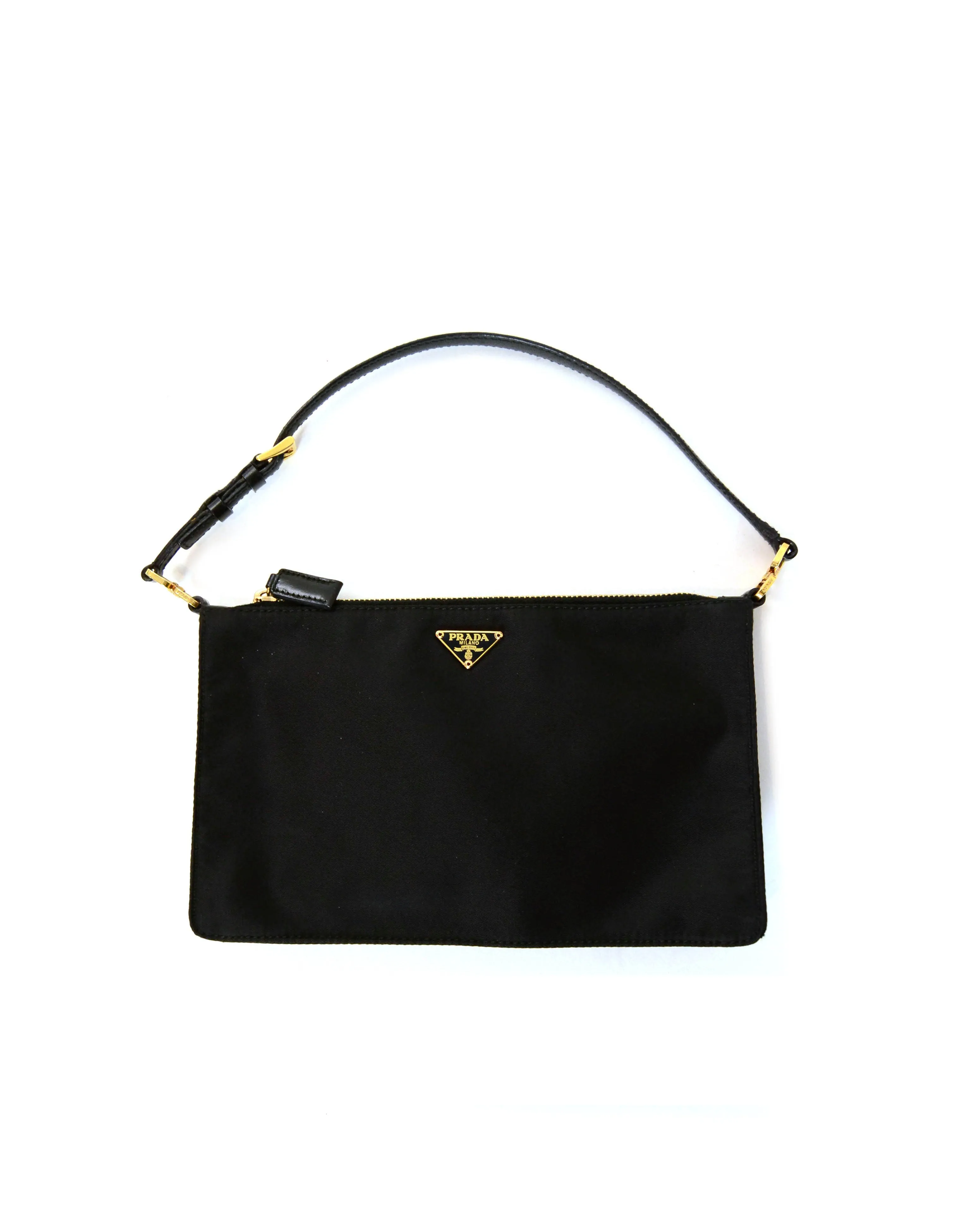 Prada Black/Goldtone Nylon Zip Top Pochette Bag