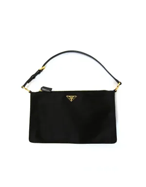 Prada Black/Goldtone Nylon Zip Top Pochette Bag
