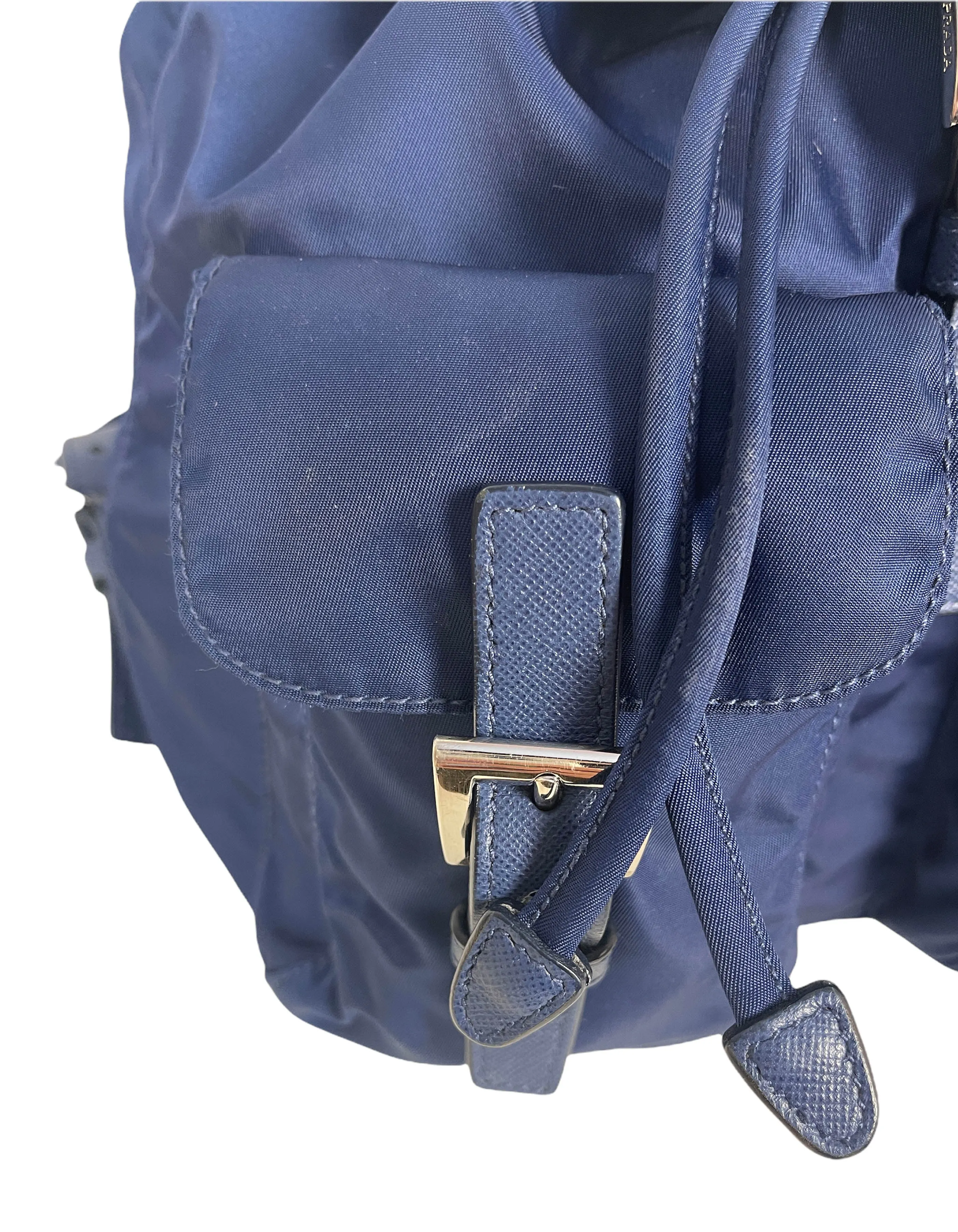 Prada Navy Nylon Backpack Bag w/ Front Buckle Pockets