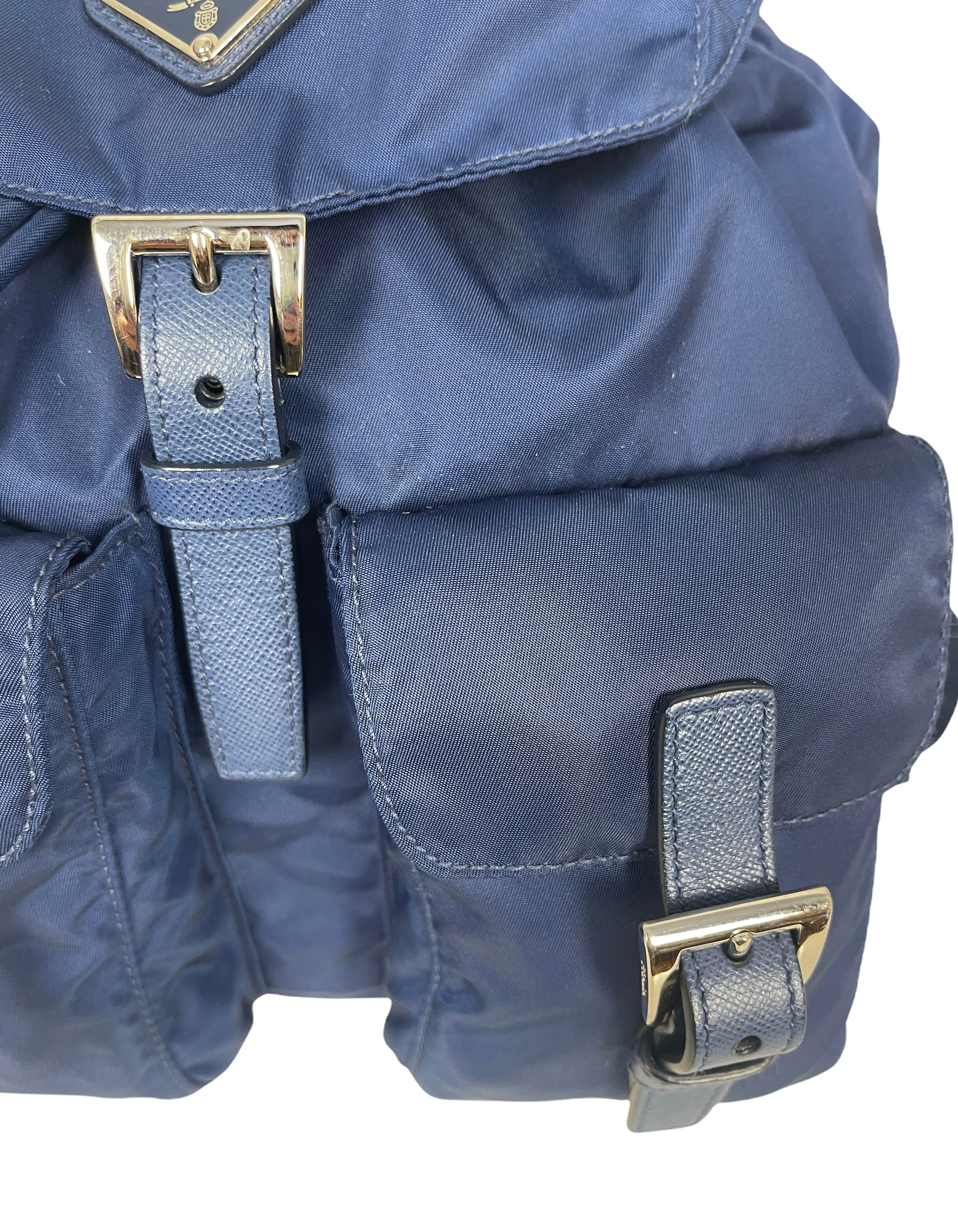 Prada Navy Nylon Backpack Bag w/ Front Buckle Pockets