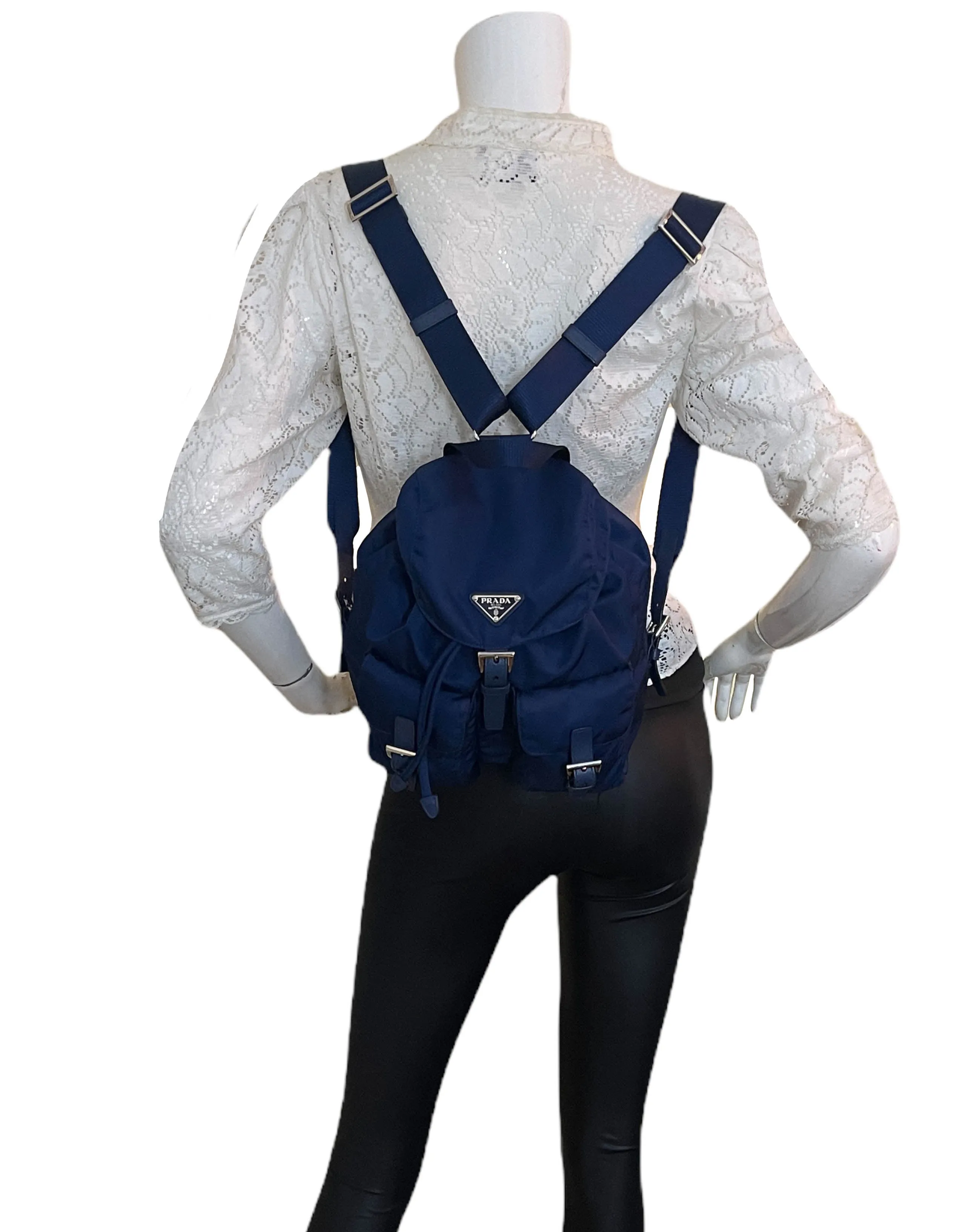 Prada Navy Nylon Backpack Bag w/ Front Buckle Pockets