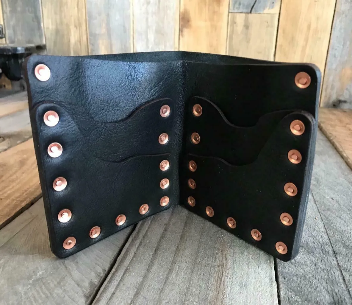 "Riveter" Men's Black Leather Bifold Wallet With Solid Copper Rivets