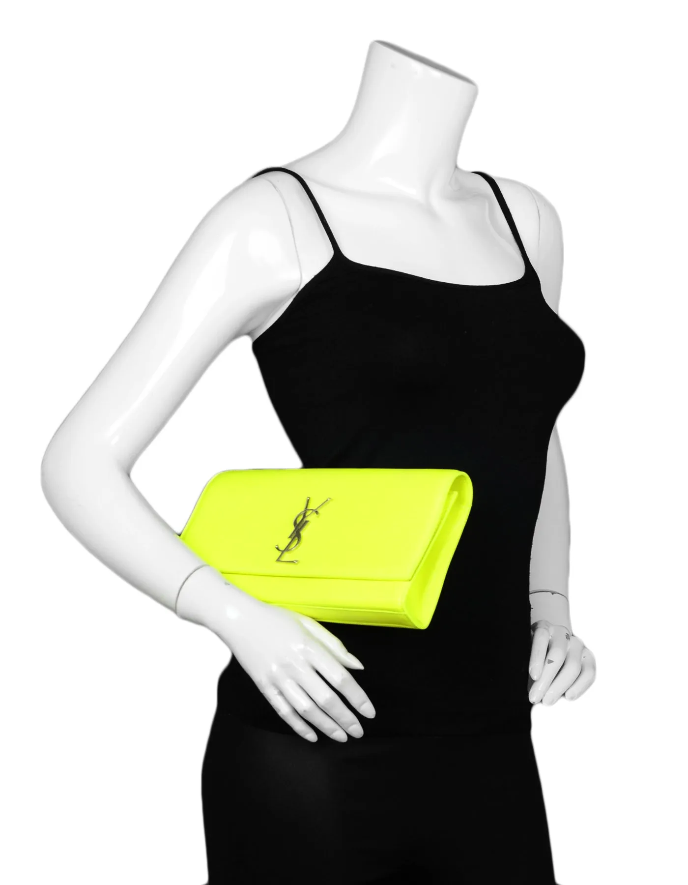 Saint Laurent Neon Yellow Smooth Leather Classic Monogram Cassandre Clutch Bag