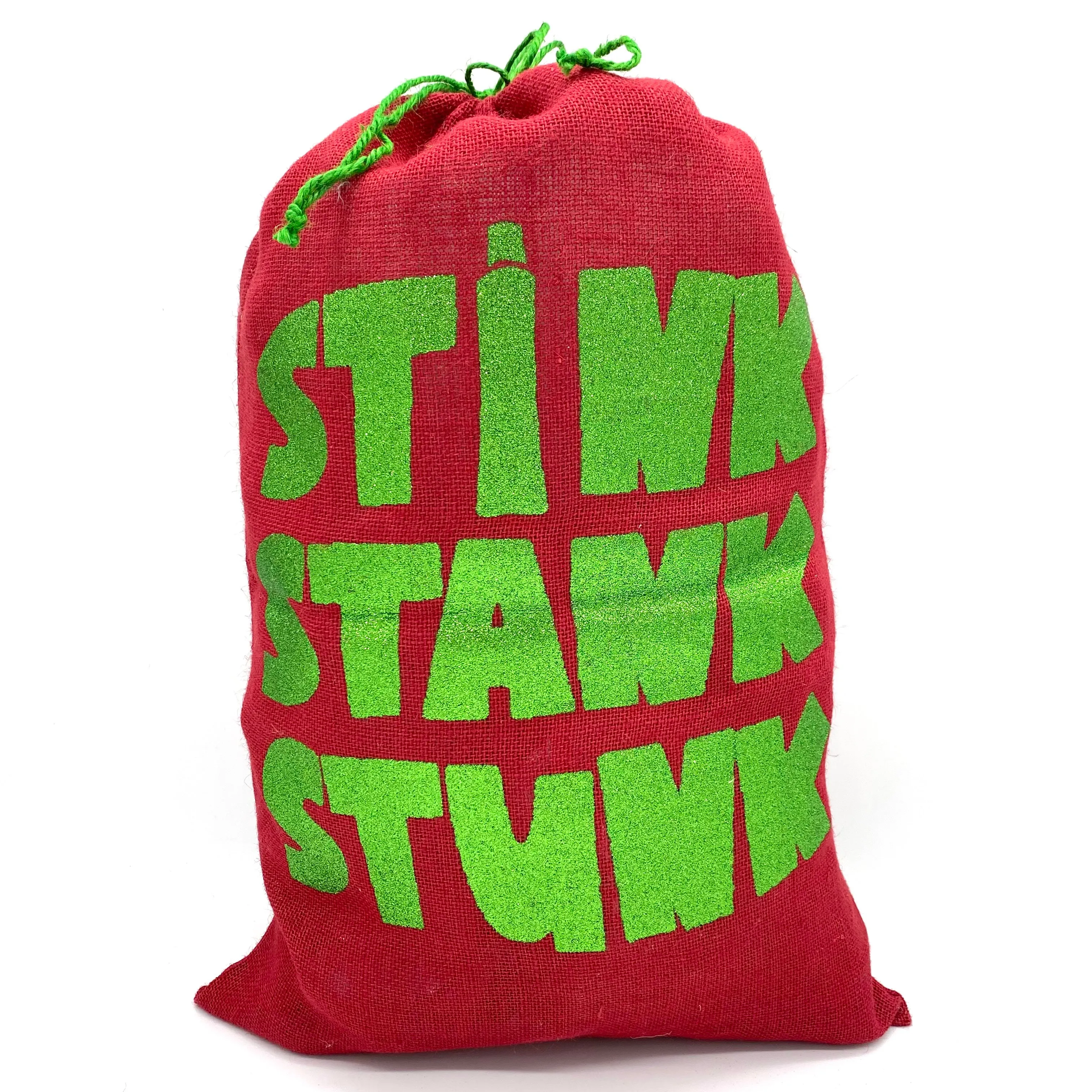 SANTA SACK WITH GLITTER PRINT IN RED "STINK, STANK, STUNK"