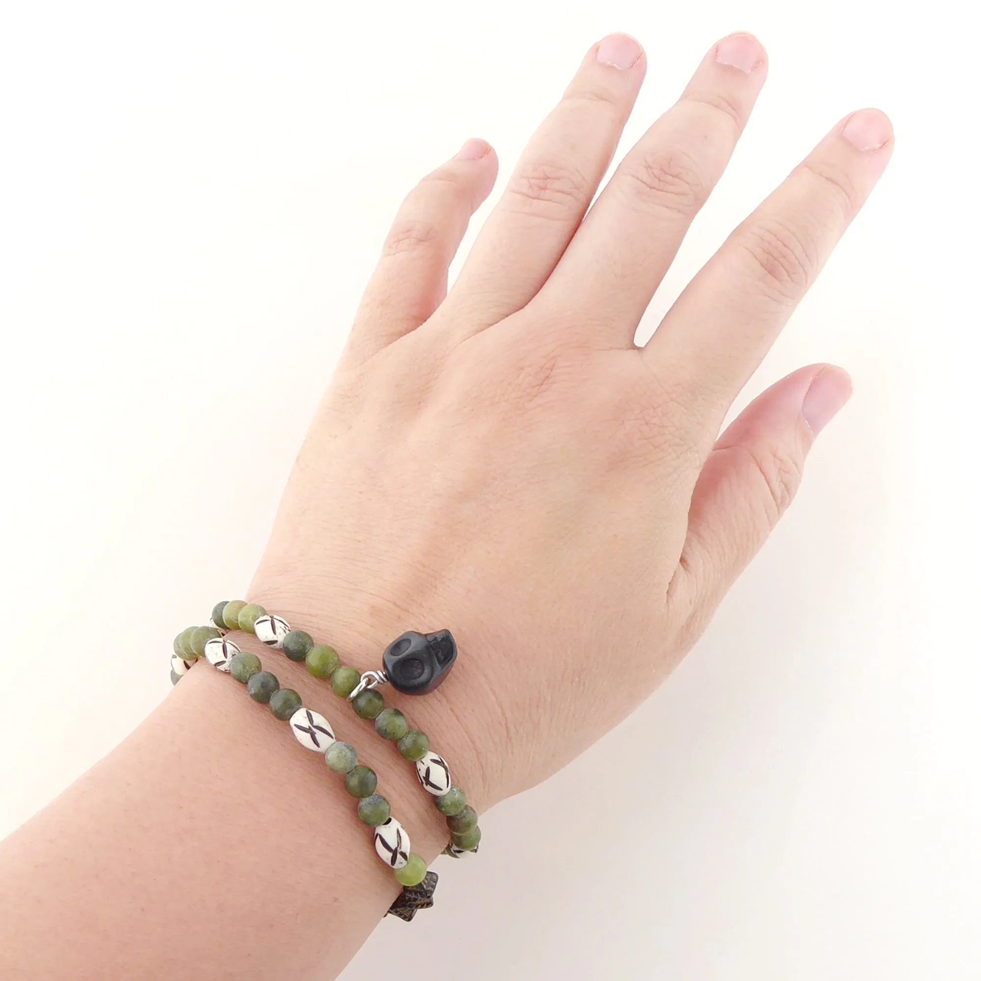 Serpentine and black skull bracelet set