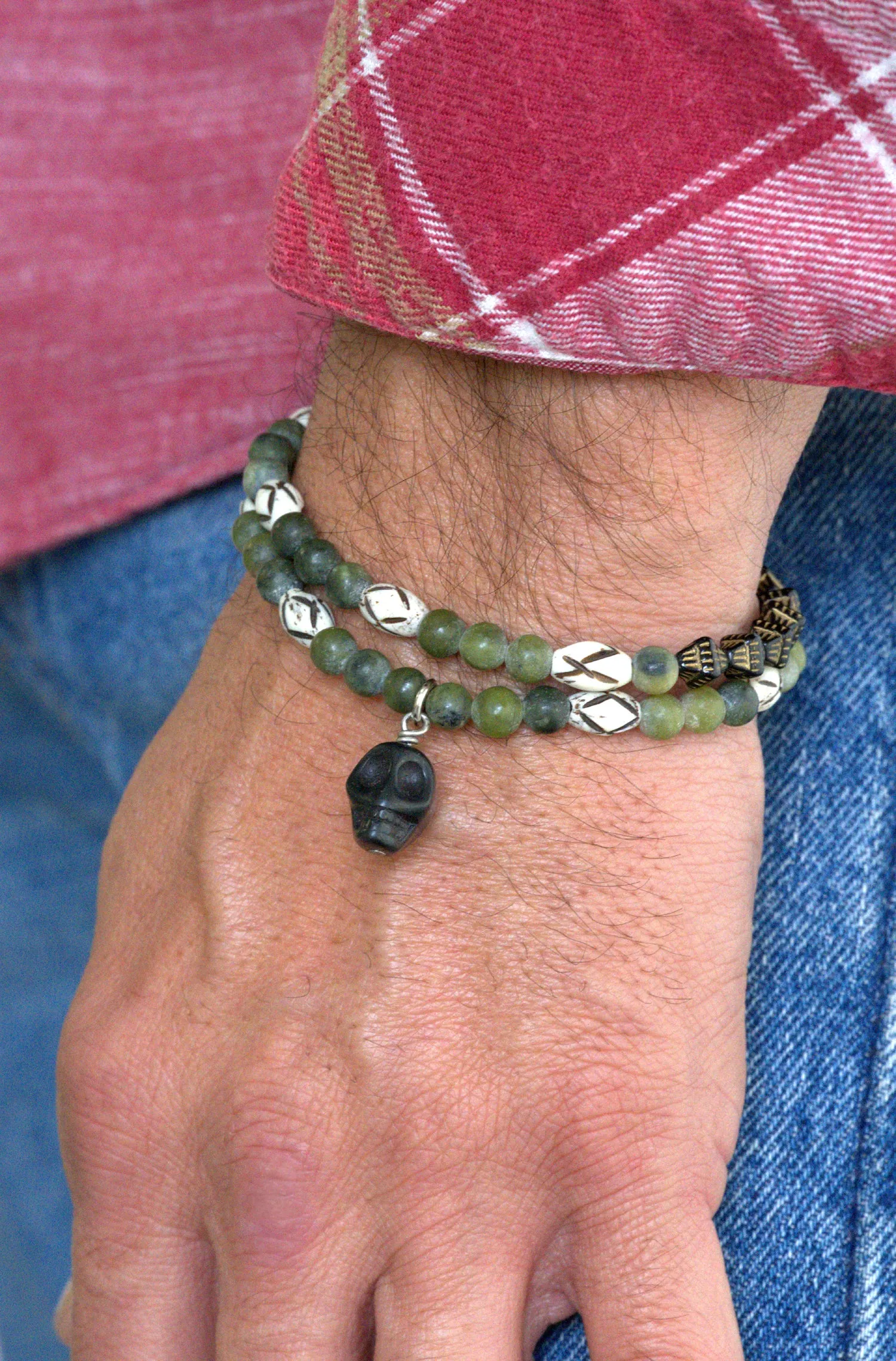 Serpentine and black skull bracelet set