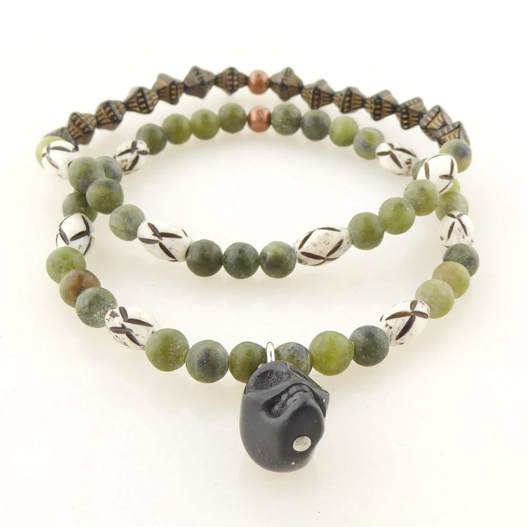 Serpentine and black skull bracelet set