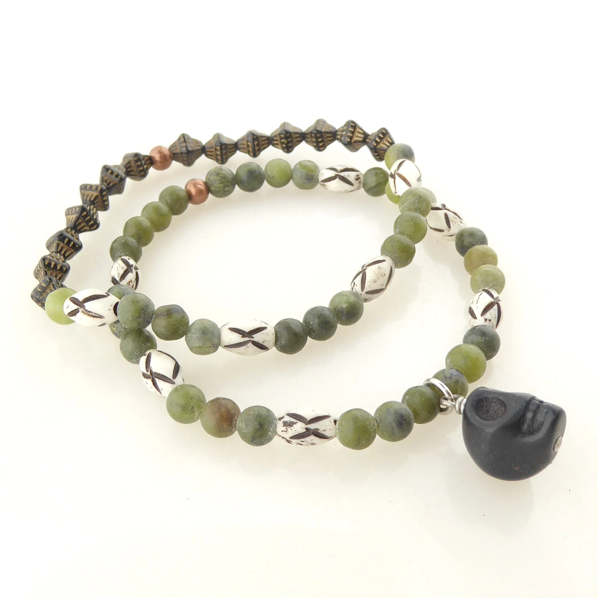 Serpentine and black skull bracelet set