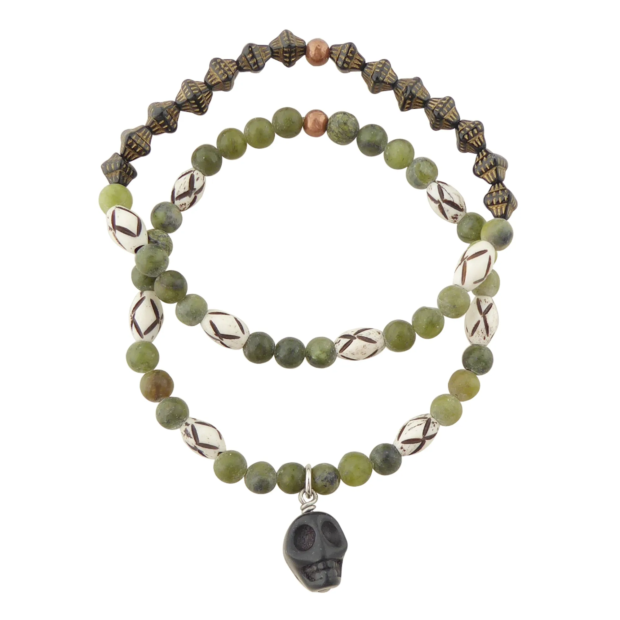 Serpentine and black skull bracelet set
