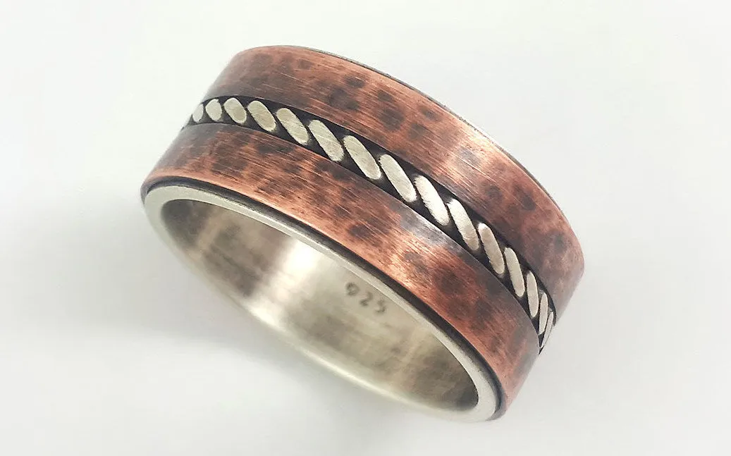 Silver copper rustic wedding band for men