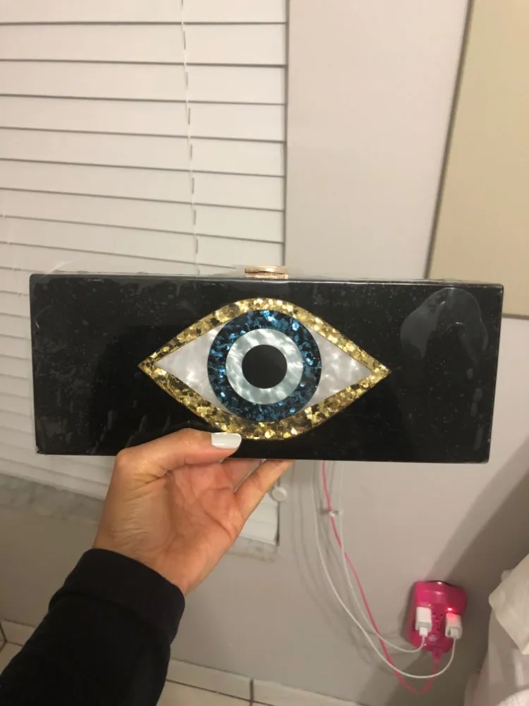 Solid Black Patchwork Glitter Evil Eye  Acrylic PVC Plastic Box Clutch