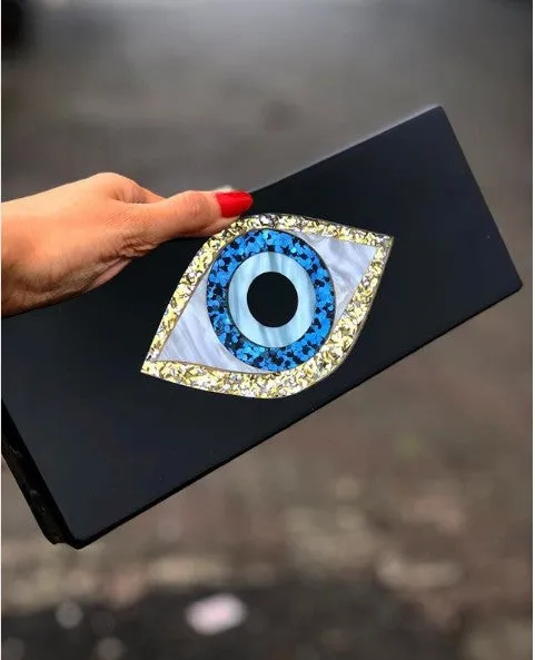 Solid Black Patchwork Glitter Evil Eye  Acrylic PVC Plastic Box Clutch