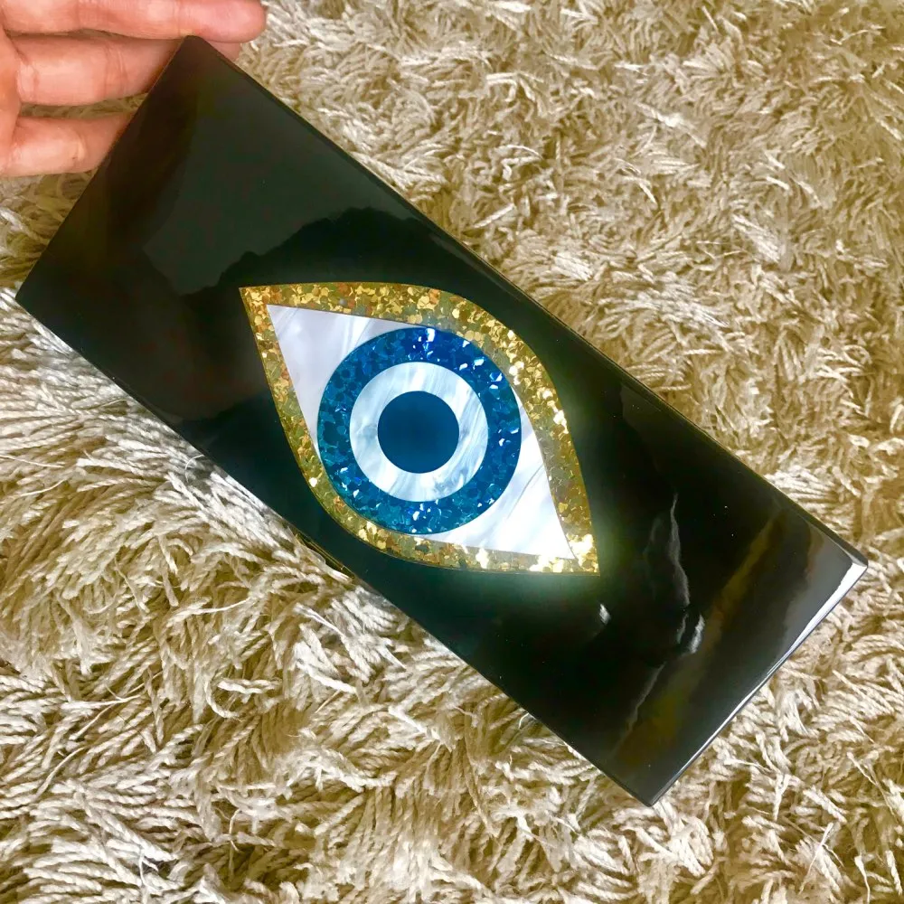 Solid Black Patchwork Glitter Evil Eye  Acrylic PVC Plastic Box Clutch
