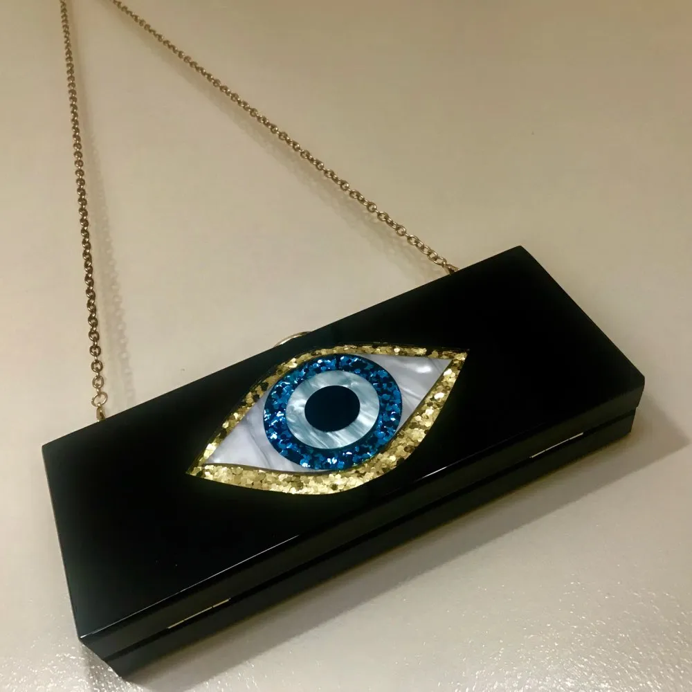 Solid Black Patchwork Glitter Evil Eye  Acrylic PVC Plastic Box Clutch