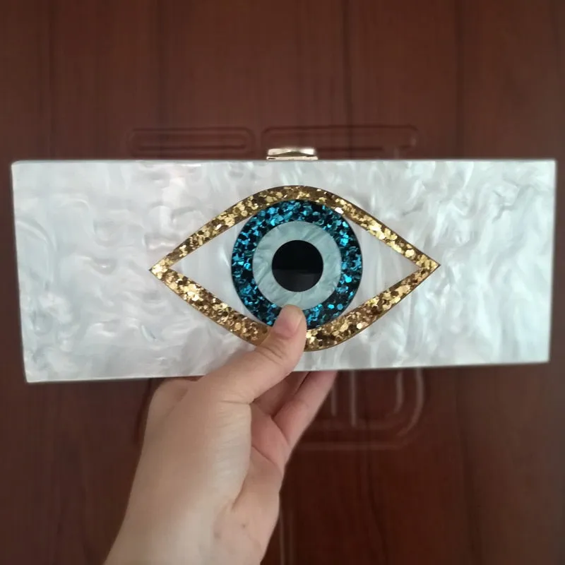 Solid Black Patchwork Glitter Evil Eye  Acrylic PVC Plastic Box Clutch