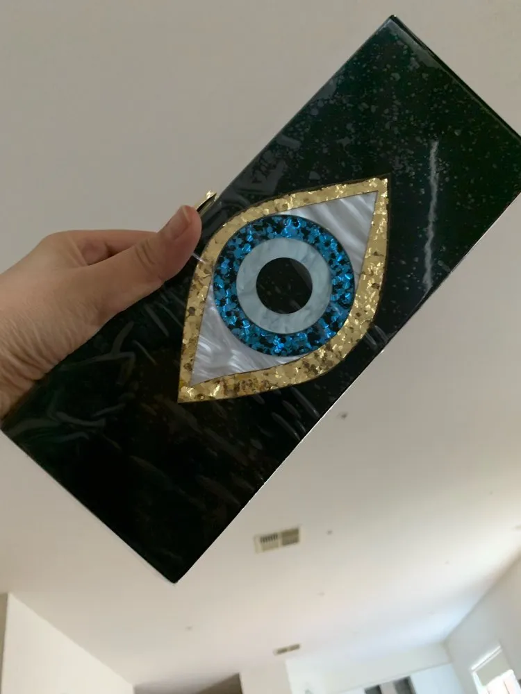 Solid Black Patchwork Glitter Evil Eye  Acrylic PVC Plastic Box Clutch