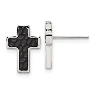 Stainless Steel Brushed and Polished Black IP Textured Cross Earrings