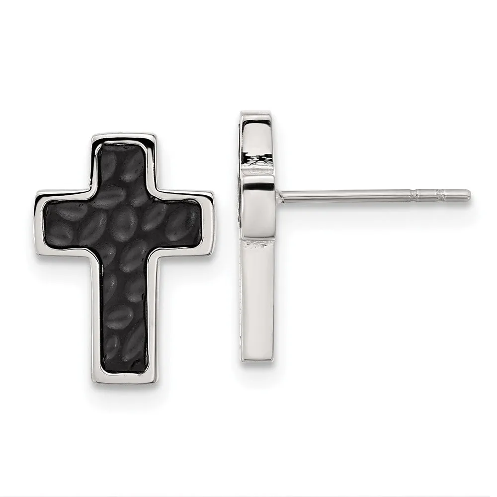 Stainless Steel Brushed and Polished Black IP Textured Cross Earrings