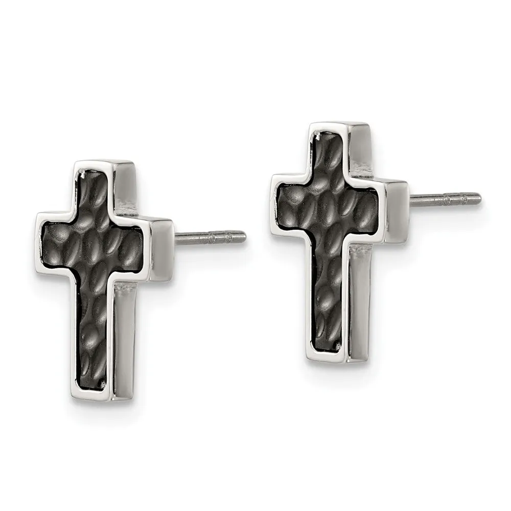 Stainless Steel Brushed and Polished Black IP Textured Cross Earrings
