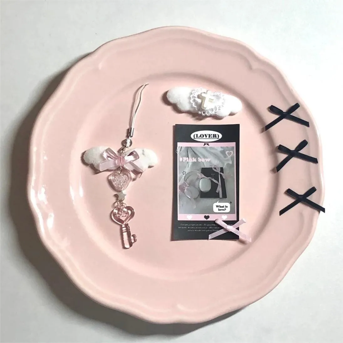 Sweet Pink Bowknot Wing Heart Star Keychain Phone Strap