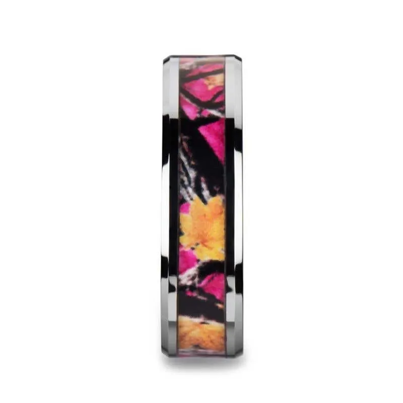 Thorsten JULIET Realistic Tree Camo Tungsten Carbide Wedding Band with Real Pink Oak Leaves - 6mm - 8mm