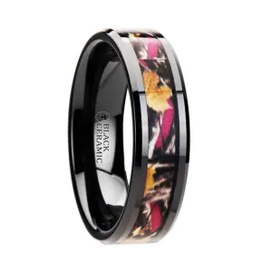 Thorsten LAUREL Realistic Tree Camo Black Ceramic Wedding Band with Real Pink Oak Leaves - 6mm - 8mm