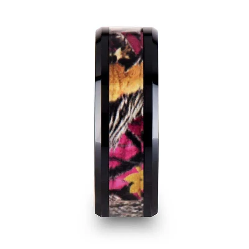 Thorsten LAUREL Realistic Tree Camo Black Ceramic Wedding Band with Real Pink Oak Leaves - 6mm - 8mm