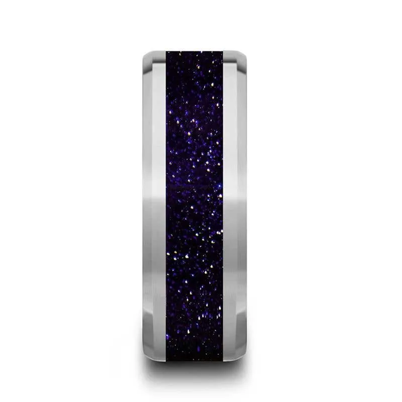 Thorsten MAKI Beveled Polished Finish Tungsten Wedding Ring with Purple Goldstone Inlay - 8mm