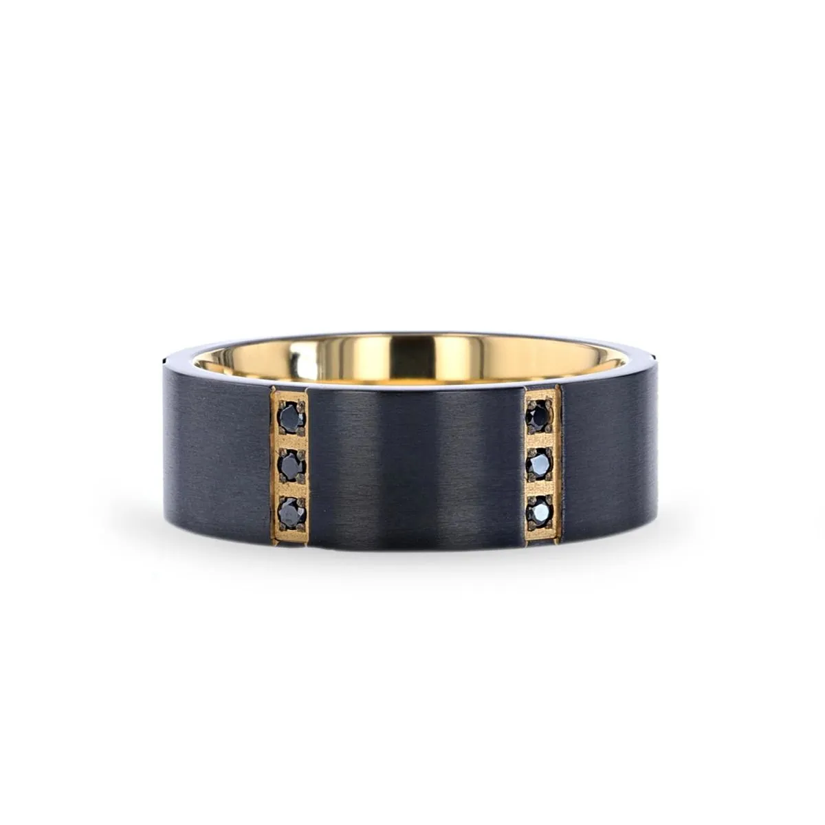 Thorsten MURAMASA Flat Brushed Black Titanium Ring Gold Plated Inside with 6 Gold Plated Stainless Steel Bezels Triple Black Diamond Setting
