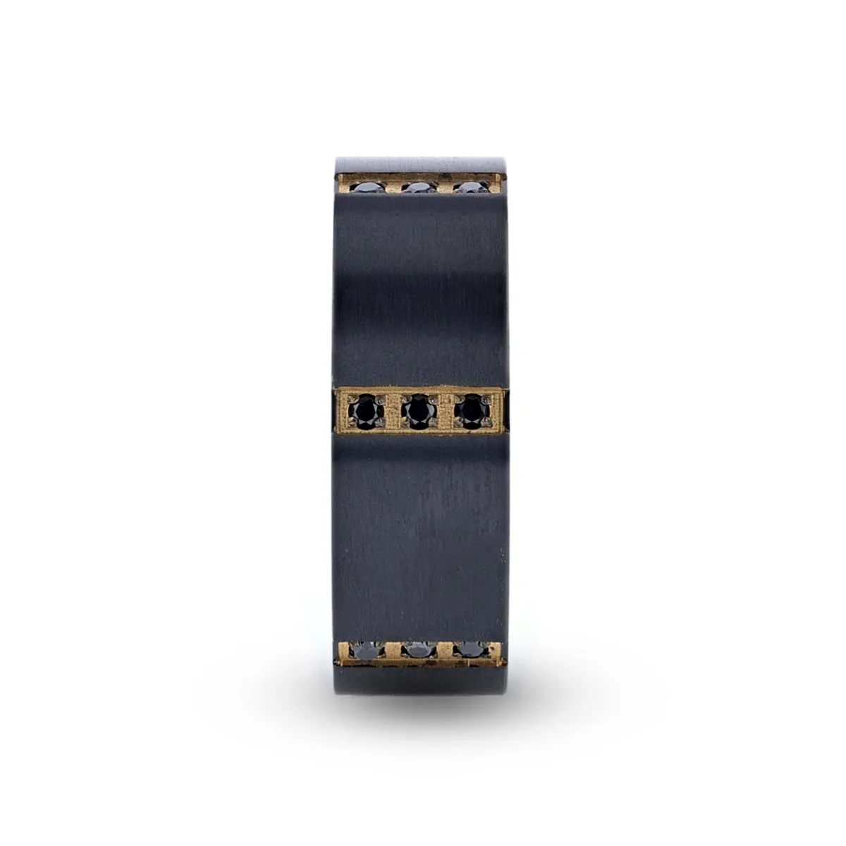 Thorsten MURAMASA Flat Brushed Black Titanium Ring Gold Plated Inside with 6 Gold Plated Stainless Steel Bezels Triple Black Diamond Setting