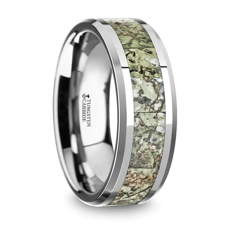 Thorsten Targaryen Men’s Tungsten Wedding Band w/ Light Green Dinosaur Bone Inlay & Beveled Edges (8mm) C5725-TLGDB